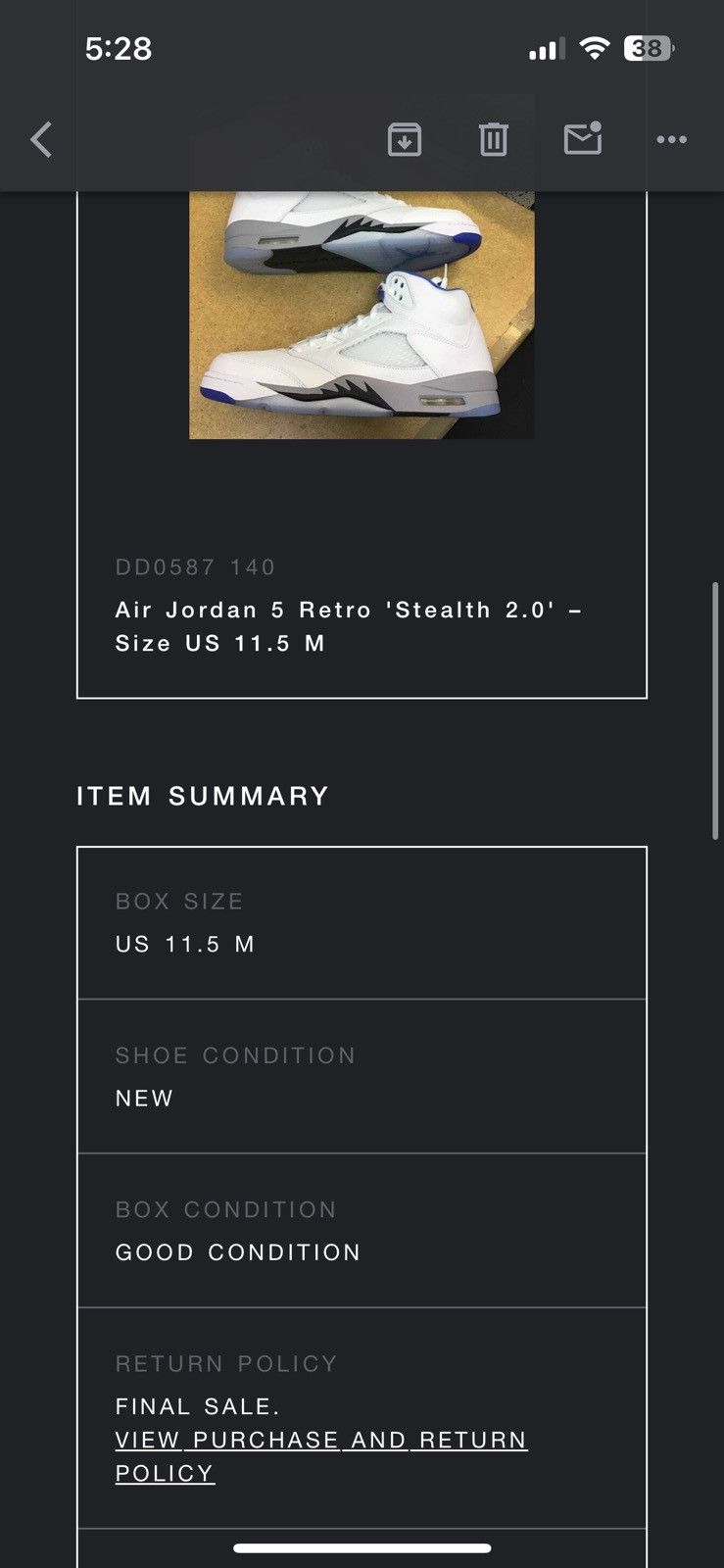 Jordan Brand Stealth Air jordan 5’s 11.5M Size US 11.5 / EU 44-45 - 12 Thumbnail