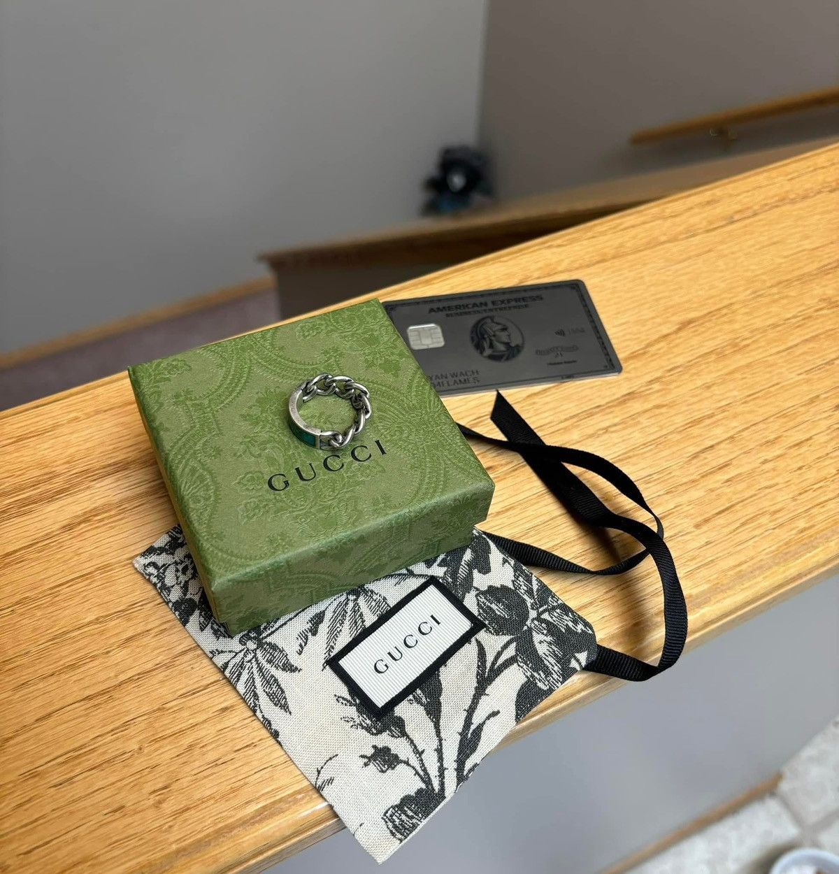 Gucci Gucci Silver/Green Marbled Enamel Cuban Ring - Size: 17IT Size ONE SIZE - 4 Thumbnail