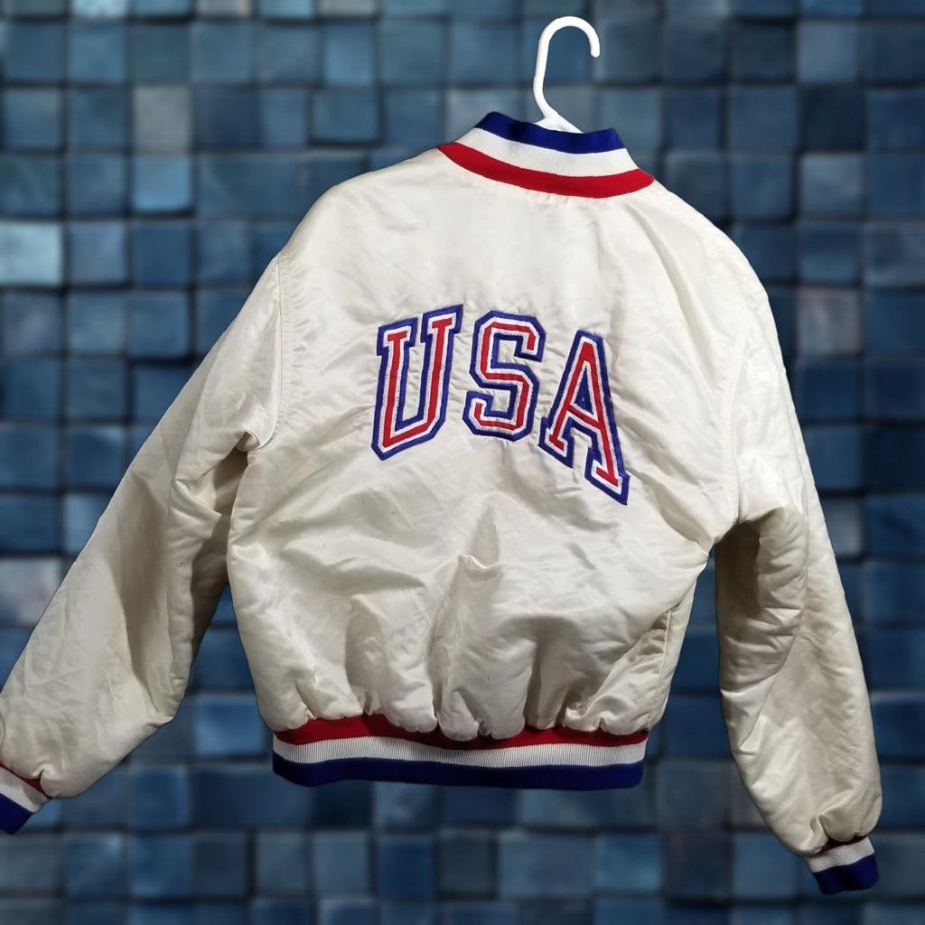 Vintage VINTAGE OLYMPICS USA Baseball Satin Varsity Jacket M Medium White Swingster Quilted Embroidered Pockets USA 1984 Mens Java? Size US M / EU 48-50 / 2 - 1 Thumbnail