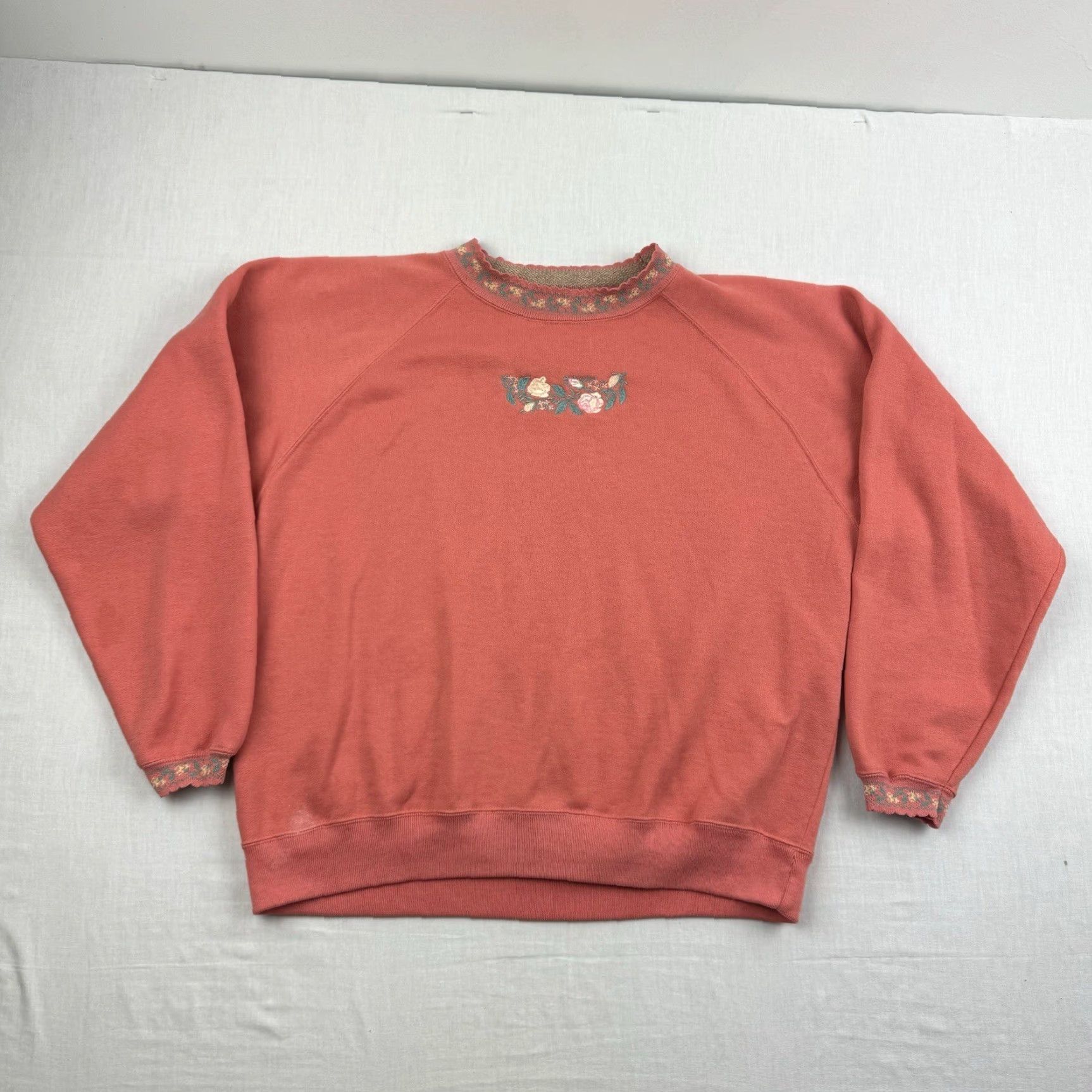 VINTAGE Madeira Sweatshirt Womens M Orange Floral 90s Lady Flower Accents Crew Neck Pullover