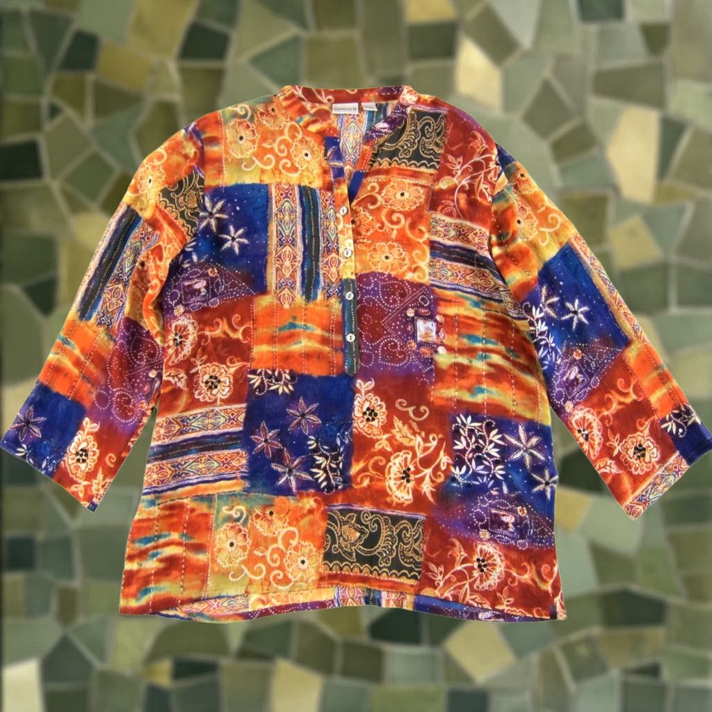 Vintage Chico's Blouse Shirt 2/L Orange Purple Green Floral Sequin Silk Pullover 100% Cotton Satin Sheer Casual 70s Bohemian Floral Womens Size L / US 10 / IT 46 - 1 Thumbnail