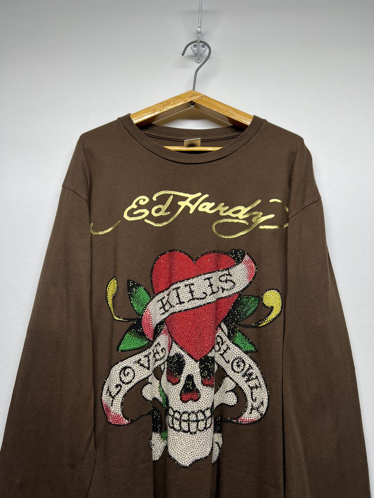 Ed Hardy Vintage Y2k Ed Hardy Brown 🤎 Skull☠️ Crazy Long Sleeve 00’s Size US L / EU 52-54 / 3 - 3 Thumbnail
