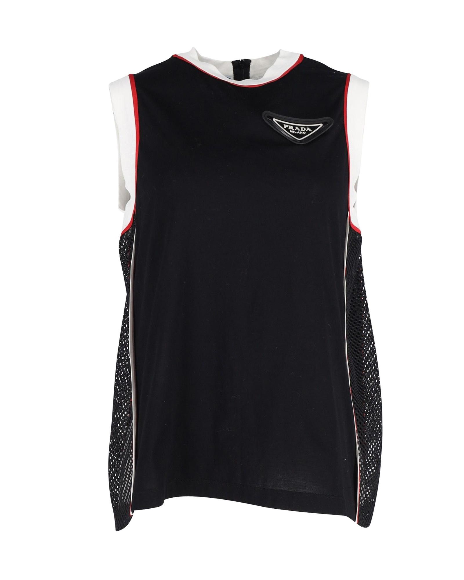 image of Prada Mesh Panel Logo Plaque Jersey Top In Black Cotton, Women's (Size XS)