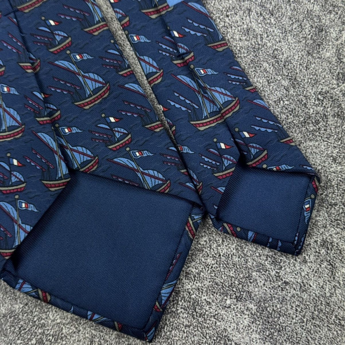 Hermes Hermès Navy Blue Silk Tie / Vintage Tall Ships Pattern Size ONE SIZE - 9 Thumbnail