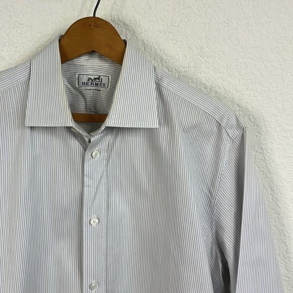HERMES Cotton Striped Men's Button Up Shirt Button Down Poin