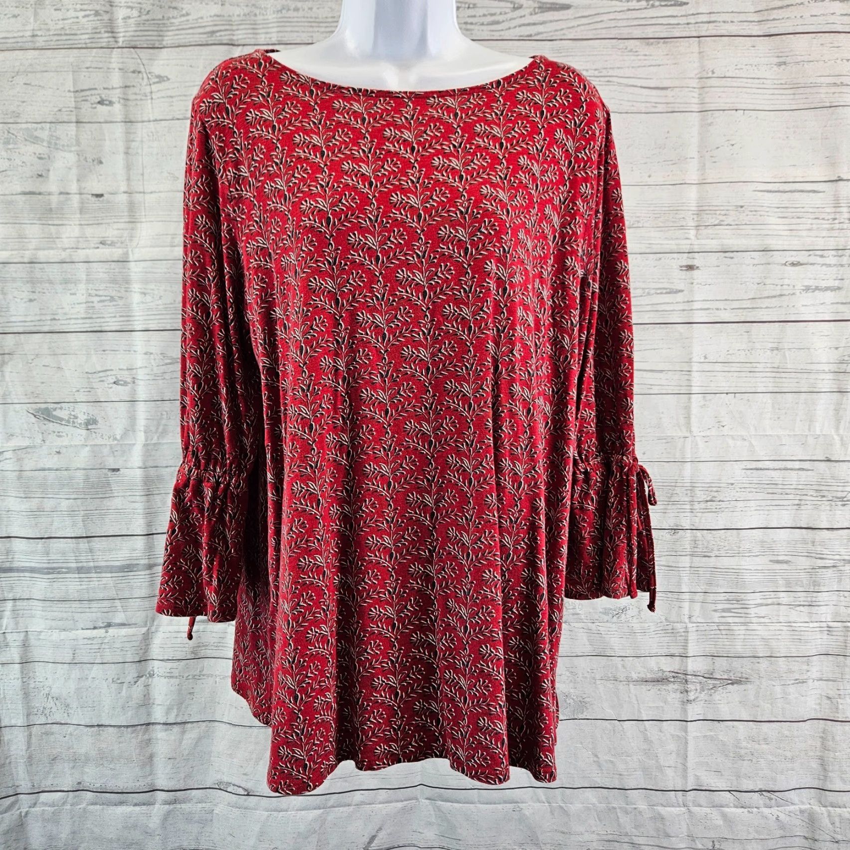 J. Jill J Jill Womens Top L Red 3/4 Sleeve Cotton Blend Blouse Lights Colorful Womens Size L / US 10 / IT 46 - 2 Thumbnail