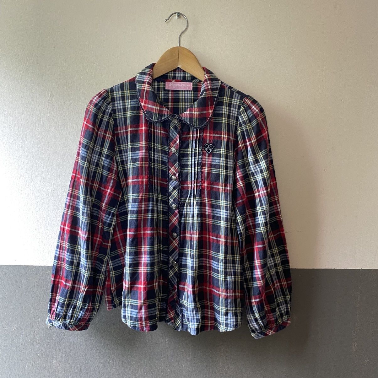 Japanese Brand Mezzo Piano Red Navy Check Long Sleeve Blouse Size S / US 4 / IT 40 - 3 Thumbnail