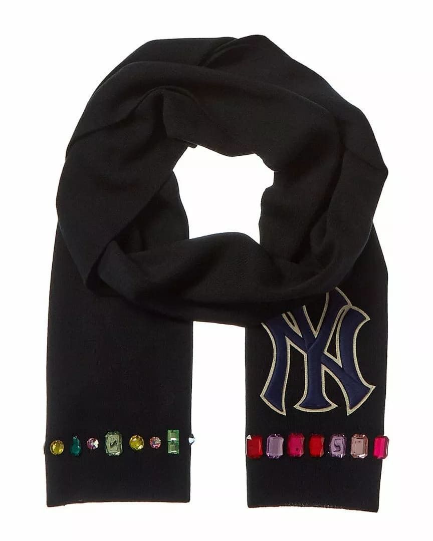 Gucci New NY Yankee Black Wool Scarf With Multi-color Gems Size ONE SIZE - 1 Thumbnail