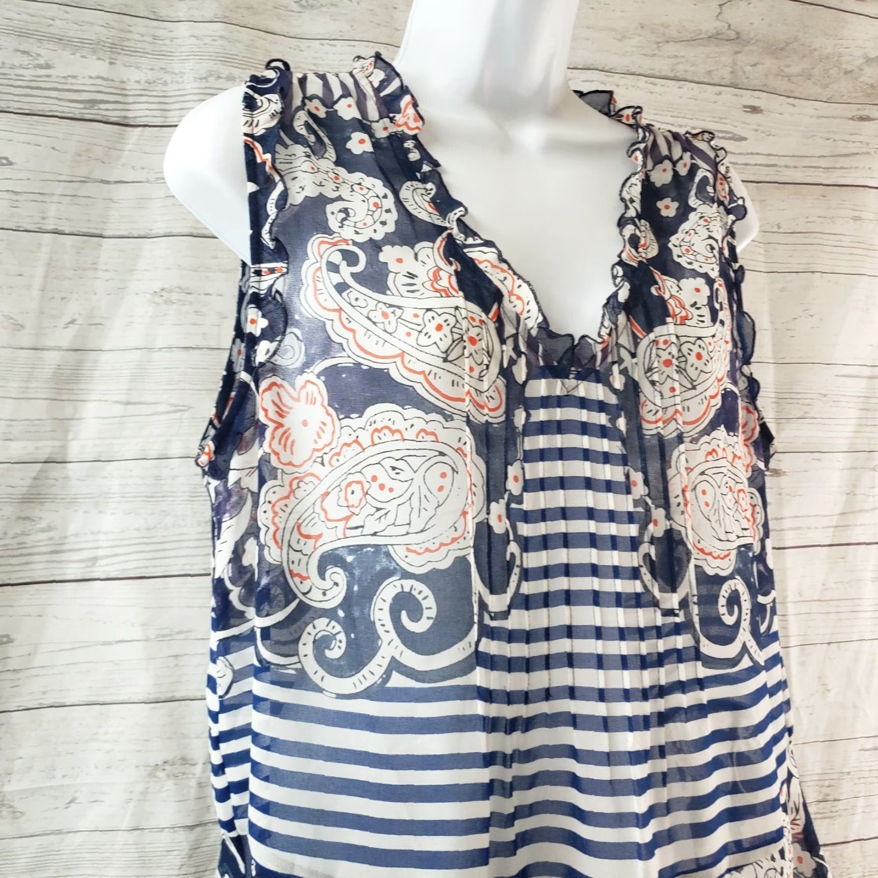Vintage CAbi Blouse Shirt Womens Peplum Sz Small Blue White Floral Stripes Sheer V-Neck Sleeveless Size S / US 4 / IT 40 - 2 Thumbnail