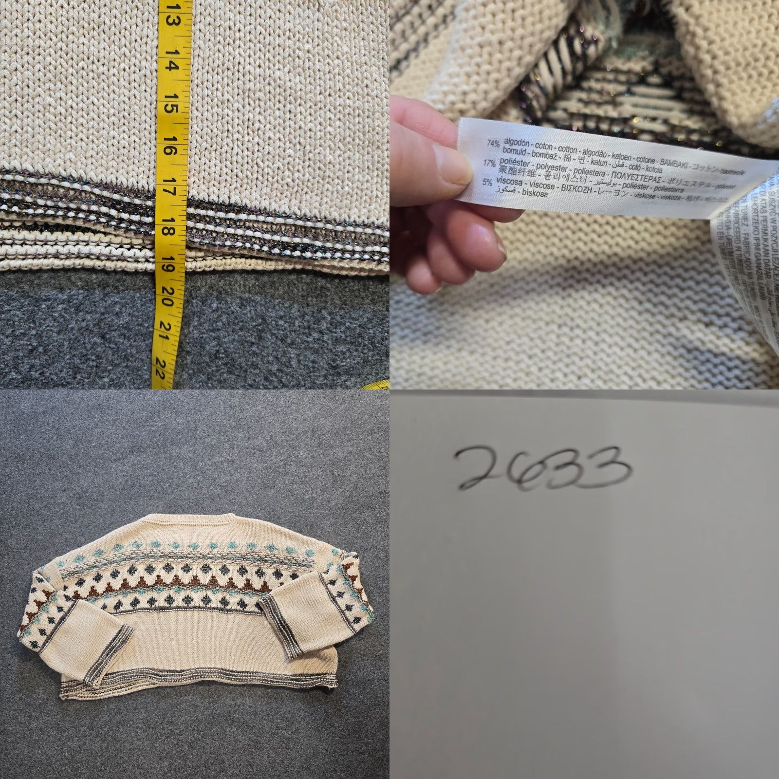 Zara Zara Sweater Womens Size S Beige Green Oversized Cropped Fair Isle Knit Pullover Crew Neck Long Sleeve Winter Casual Size S / US 4 / IT 40 - 8 Thumbnail