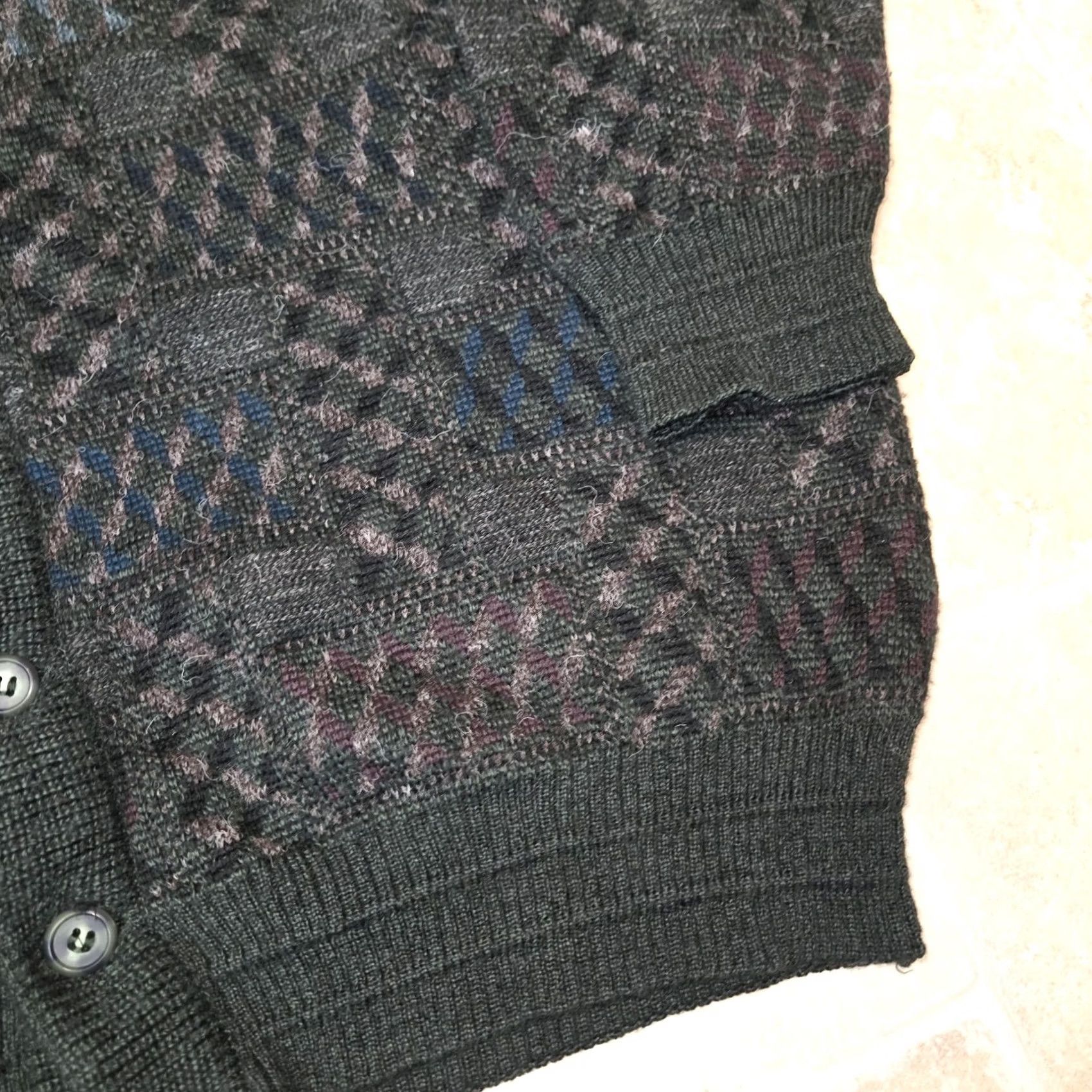 Hombre Cardigan Mens 1XL Green Wool Blend Knit Geometric Sweater V-Neck Classic, Men's — image 3 of 6
