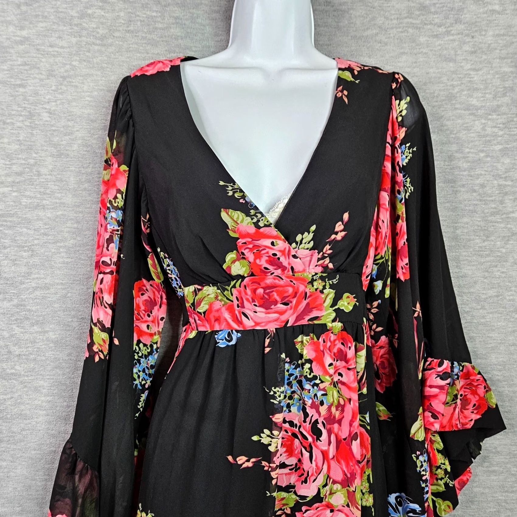 Betsey Johnson Betsey Johnson Dress Black Floral Wrap V Neck 3/4 Sleeve A-Line Size 10 Womens Dress Size L / US 10 / IT 46 - 3 Thumbnail