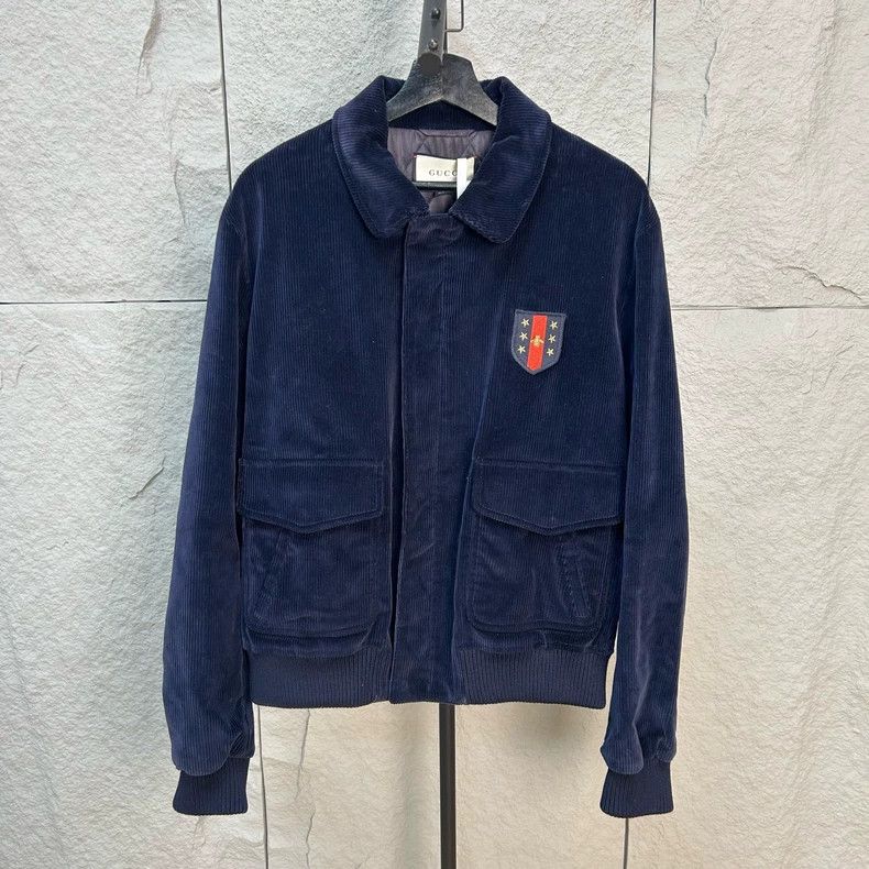 Gucci Dark blue corduroy bee embroidered jacket