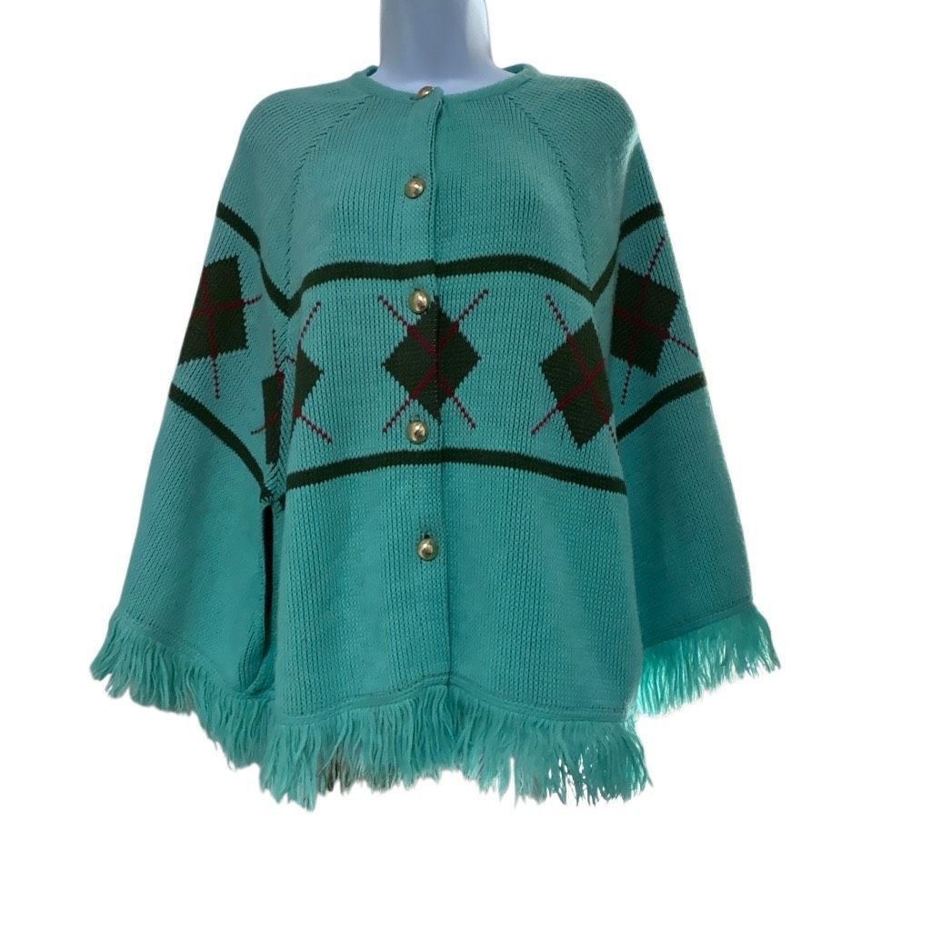 Vintage Vtg Carol Brent Teal Argyle Knit Cape Poncho Sweater 60s 70s Size M / US 6-8 / IT 42-44 - 1 Thumbnail