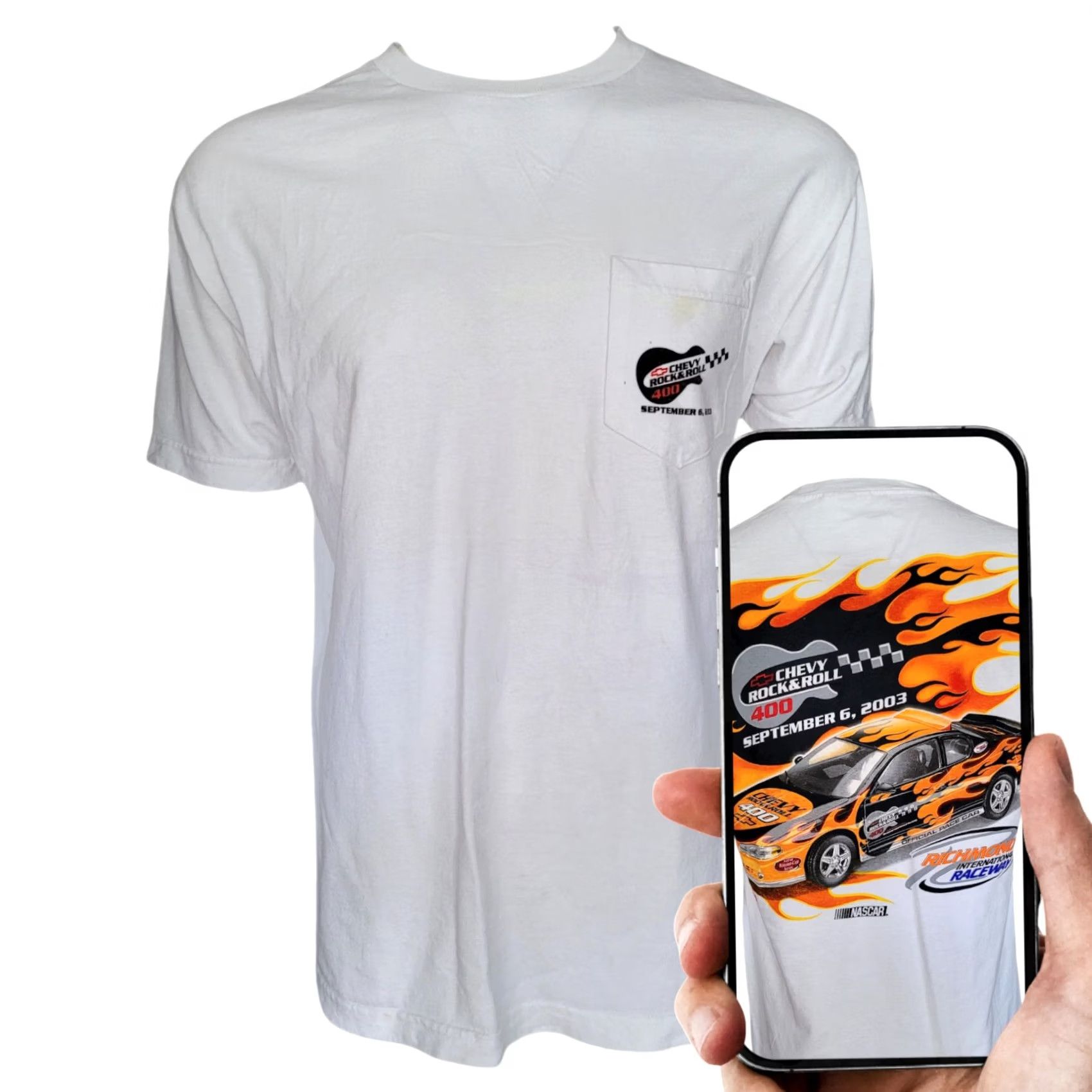 NASCAR VINTAGE ISC Motorsports Chevy Rock & Roll 400 T-Shirt Large White Flames NASCAR Racing 2003 Men's Size US L / EU 52-54 / 3 - 2 Thumbnail