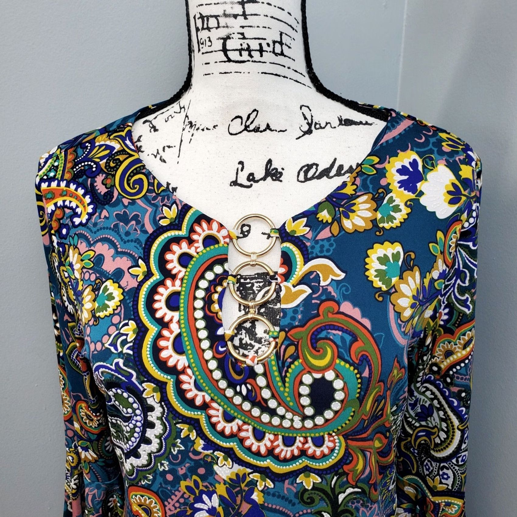 Vintage MSK Womens Dress Size M Multi Paisley Stretch Bell Sleeve O-Ring Detail Dress Size M / US 6-8 / IT 42-44 - 6 Thumbnail