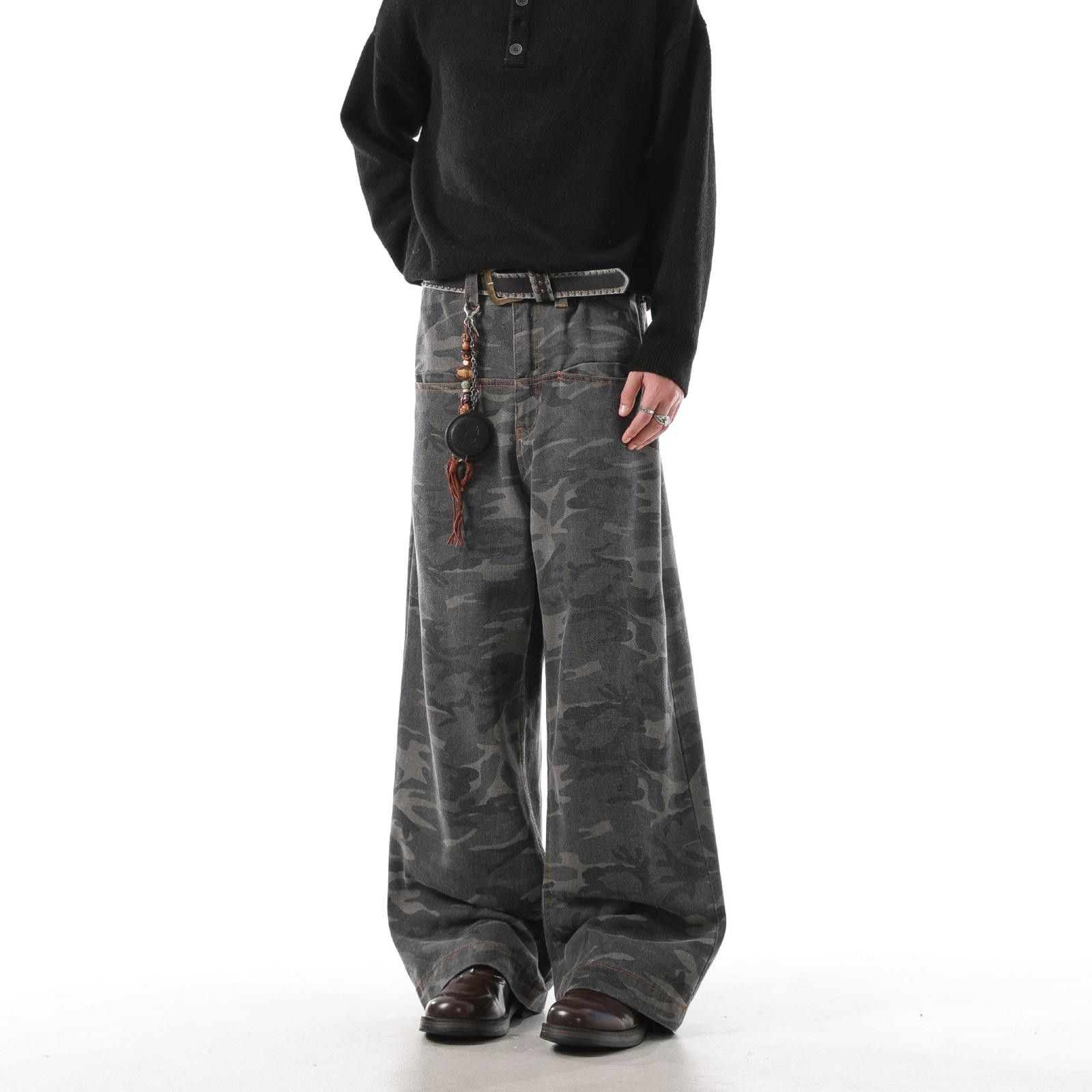 Japanese Brand Gray Camouflage Wide Leg Pants, Baggy Fit Trousers Size US 32 / EU 48 - 2 Thumbnail