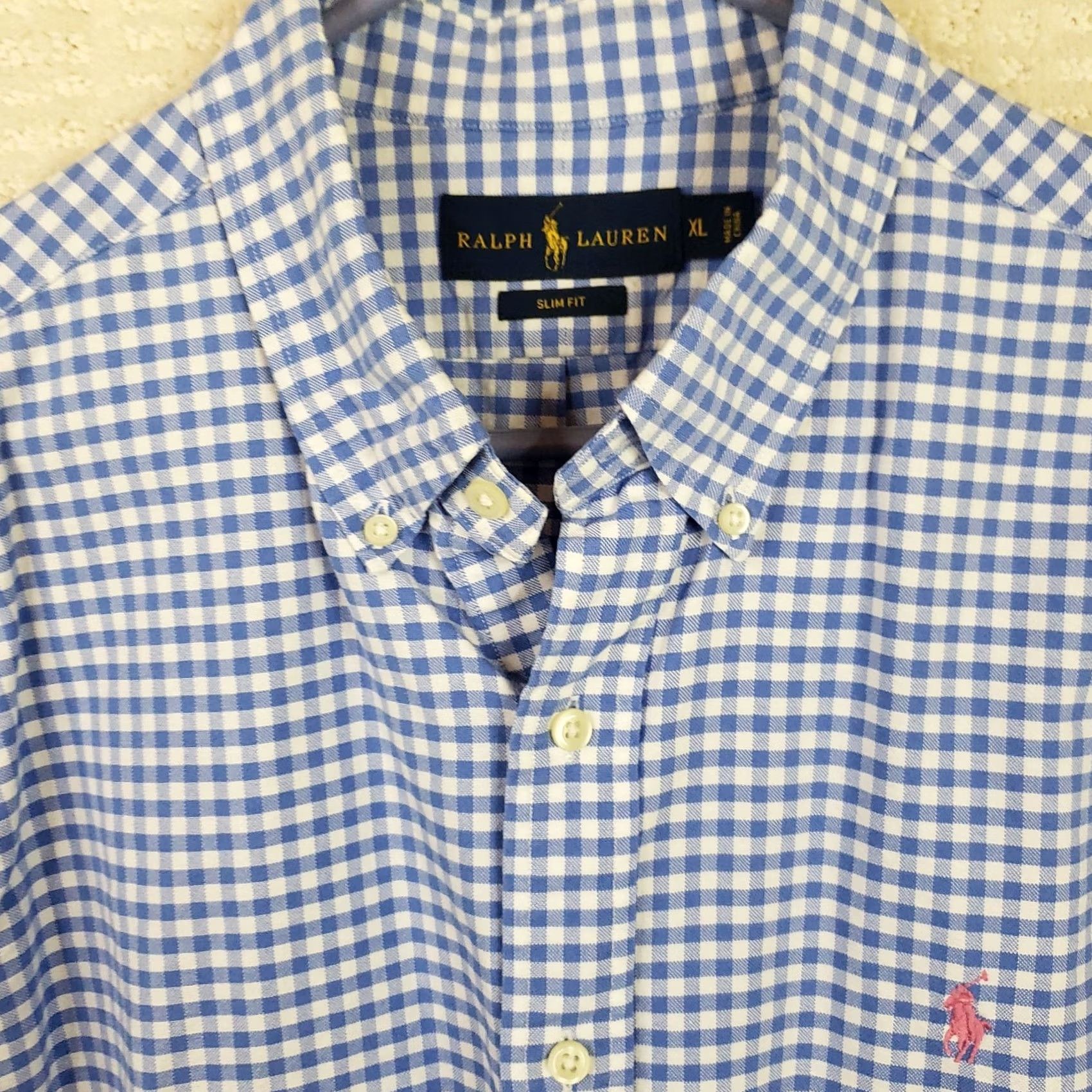 Ralph Lauren Ralph Lauren Mens XL Blue White Check Long Sleeve Slim Stretch Oxford Shirt Size US XL / EU 56 / 4 - 4 Thumbnail