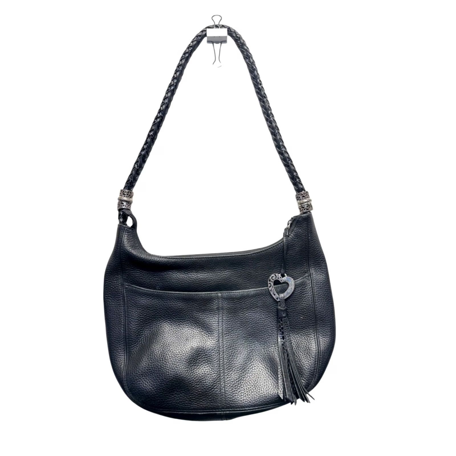 Brighton Tignanello Shoulder Bag Womens Leather Pebbled Braided Strap Heart Charm Black 12x14 Like New Size ONE SIZE - 2 Thumbnail