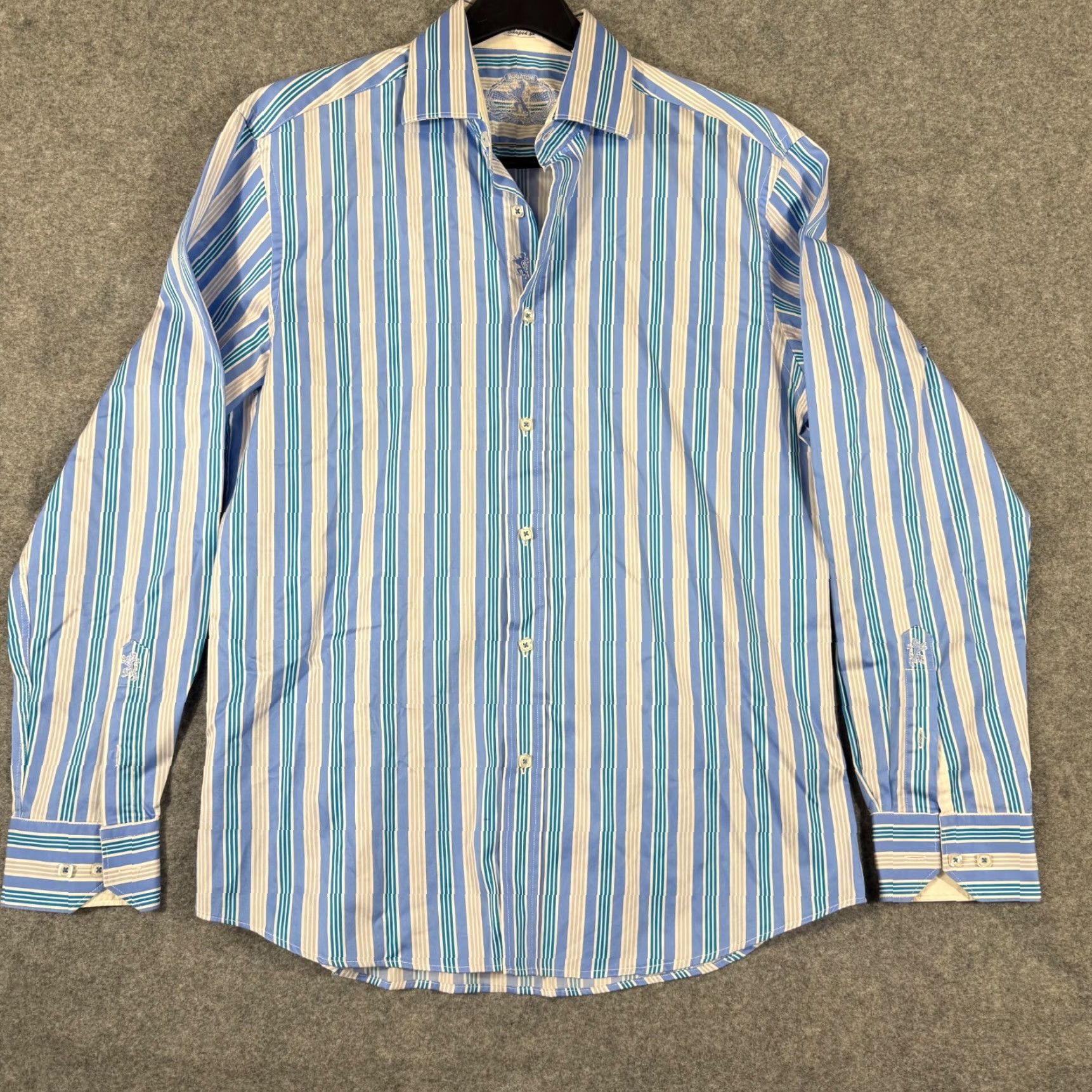BUGATCHI Bugatchi Button-Up Shaped Fit Shirt Mens L White Blue Striped Long Sleeve Size US L / EU 52-54 / 3 - 2 Thumbnail