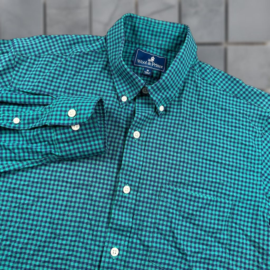 Wool & Prince Shirt Mens M Green Blue Check Long Sleeve Button Up 100% Wool