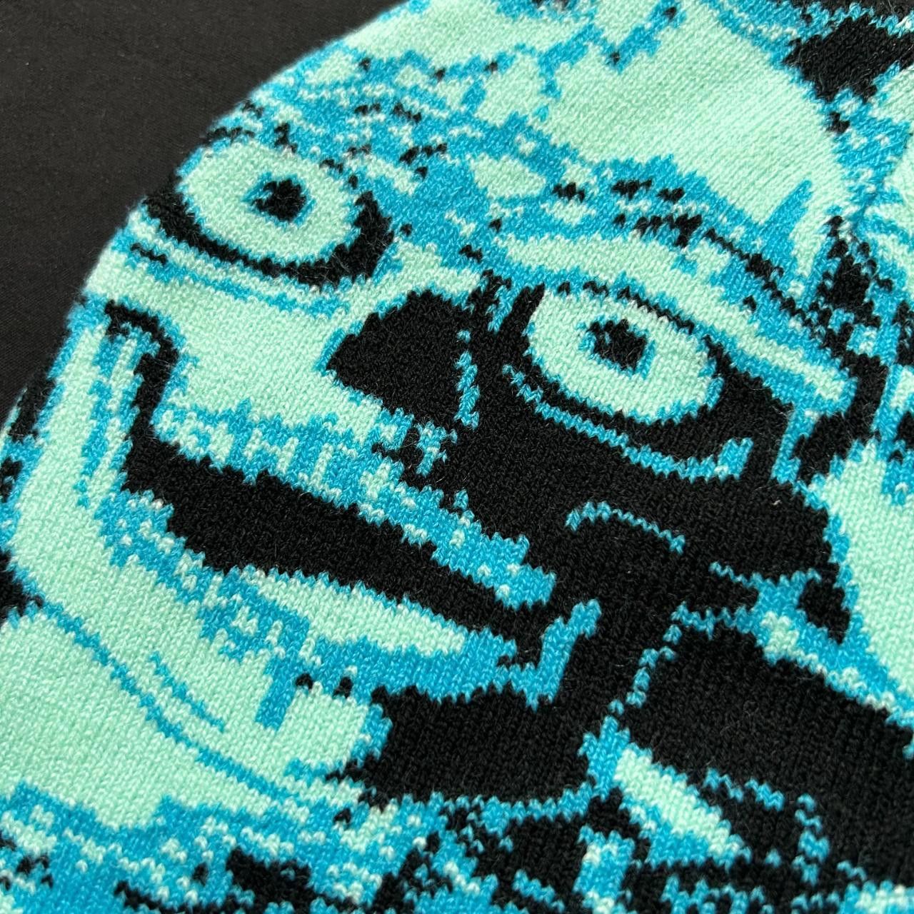 Japanese Brand Repeating Skull Pile Graphic No Cuff Knit Beanie Blue Hat Size ONE SIZE - 2 Thumbnail