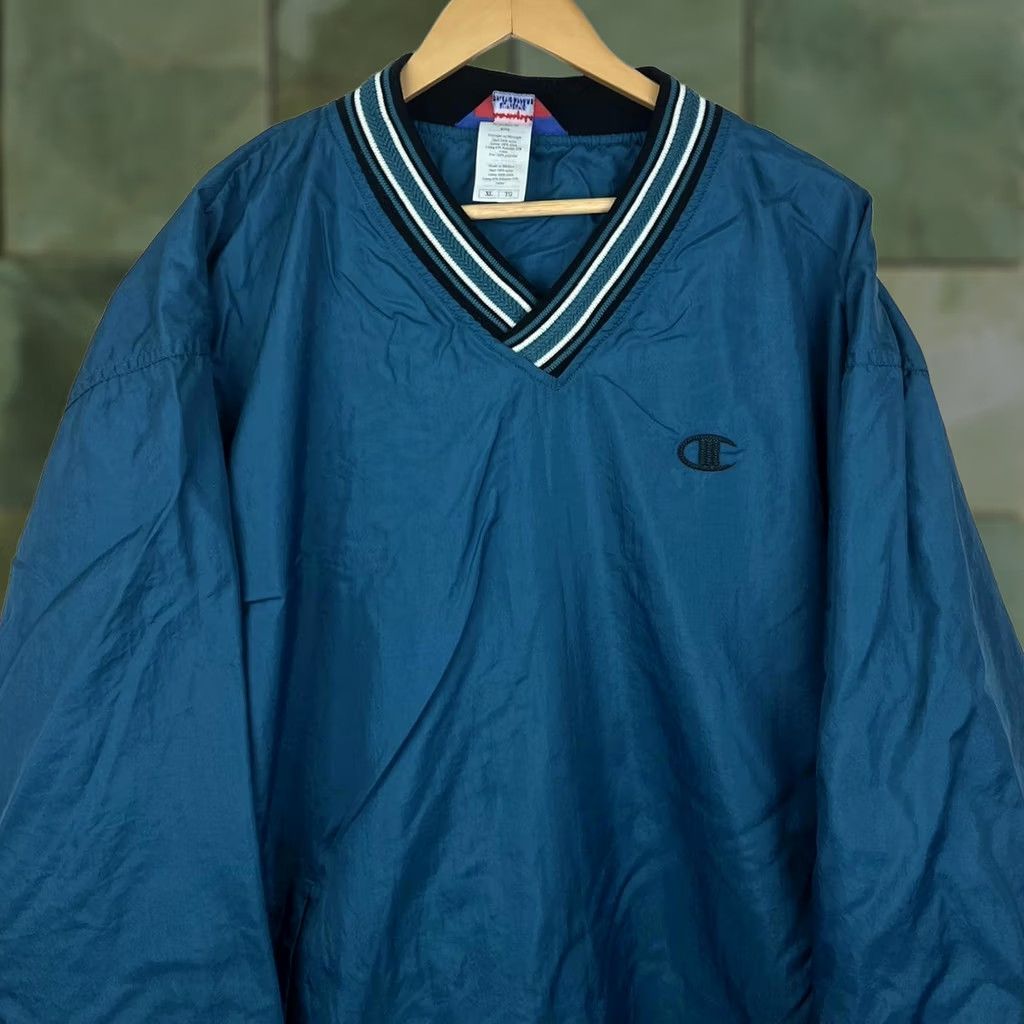 Champion VINTAGE Champion Jacket Windbreaker 90s Teal XL Mens Green V-Neck Pullover Lightweight Ribbed Cuffs Logo Size US XL / EU 56 / 4 - 1 Thumbnail
