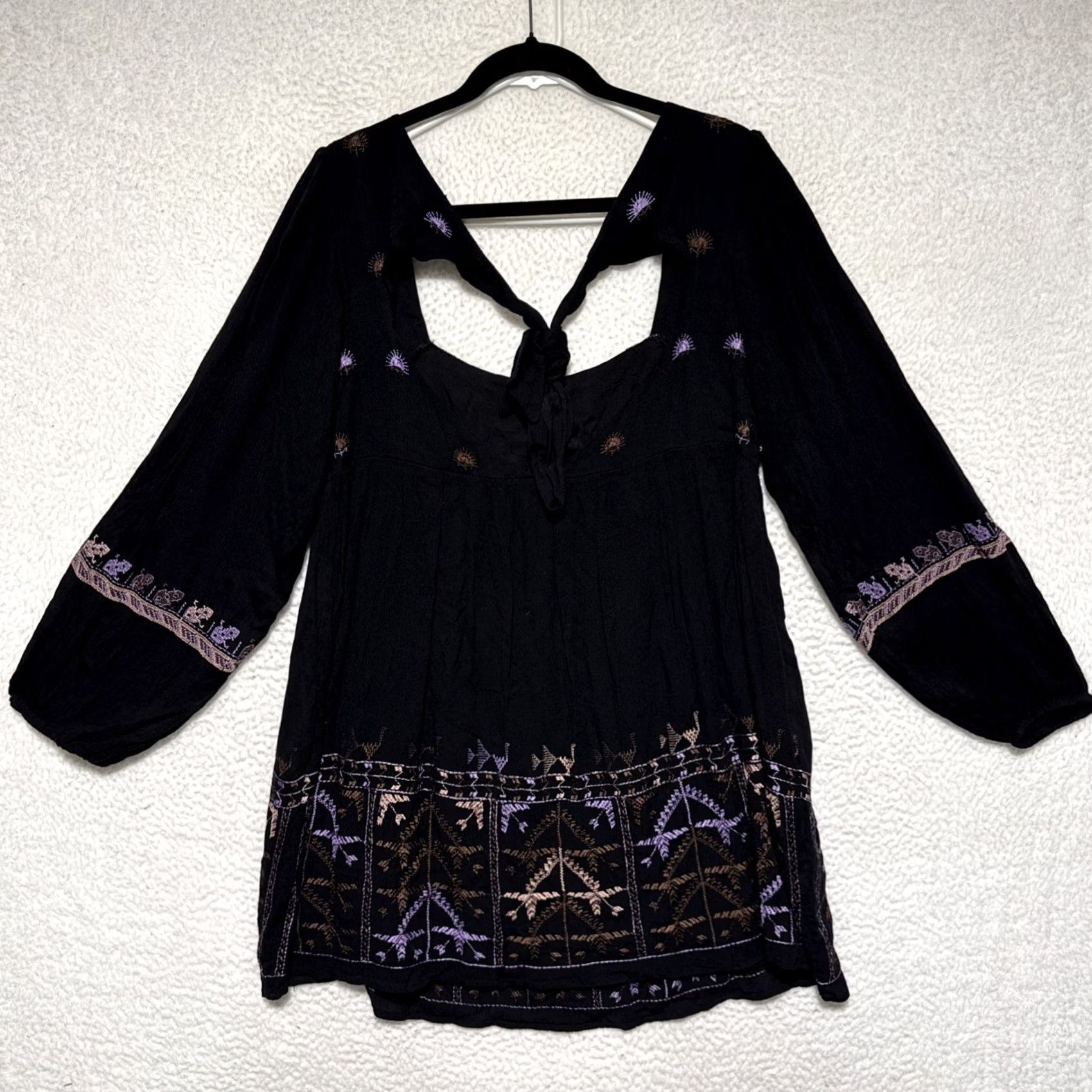 Free People Free People Dress Boho Mini Black Open Back Embroidered Rayon S Small NWT OB888346 Women Party/Cocktail Bohemian Open Back Dress Size S / US 4 / IT 40 - 6 Thumbnail