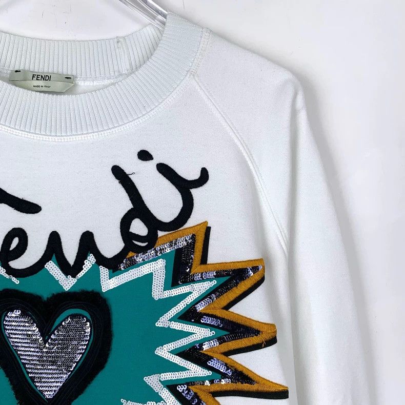 Fendi FENDI Logo Embroidered Sequin Heart Round Neck White Cotto Size M / US 6-8 / IT 42-44 - 3 Thumbnail