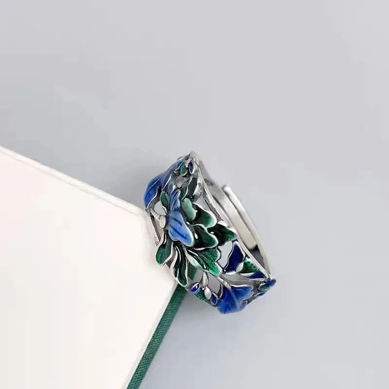 Jewelry Blue Green Enamel Craft Peony Flower Rings` Size ONE SIZE - 1 Thumbnail
