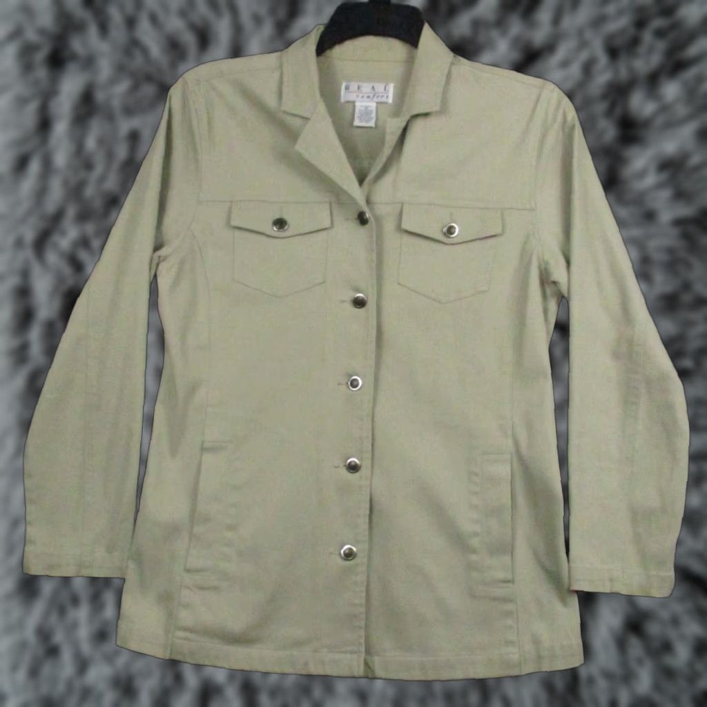 Vintage VINTAGE REAL Comfort Jacket Women 10 Khaki Stretch Long Sleeve Metal Button Leather Outer Shell Beige 10 Womens Jacket Size L / US 10 / IT 46 - 1 Thumbnail