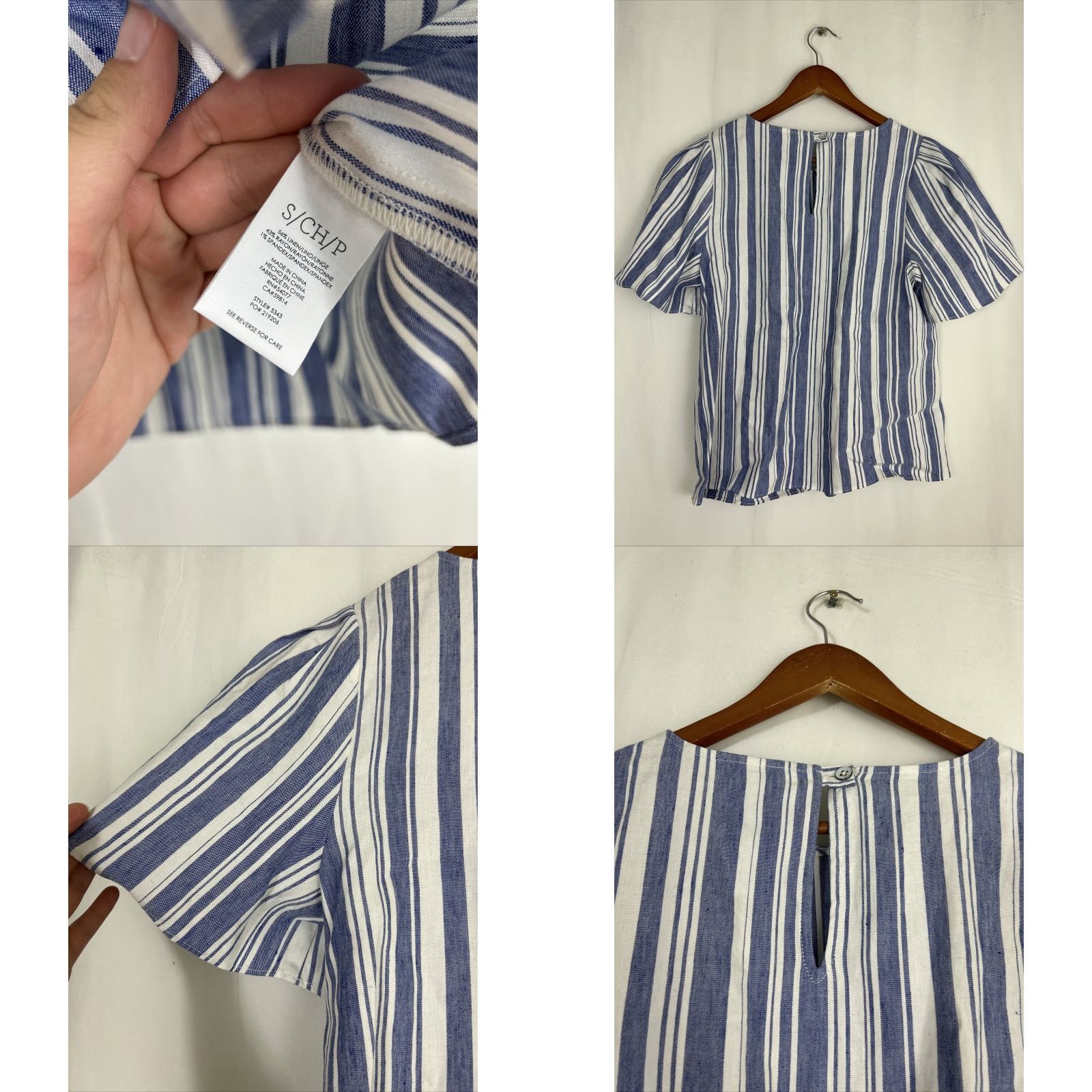 Vintage CAbi Blouse Shirt Striped Wing Tunic Top Short Sleeve Size S Blue White Linen Seersucker Keyhole Button Casual Vintage No N/A (remove N/A) Size S / US 4 / IT 40 - 8 Thumbnail