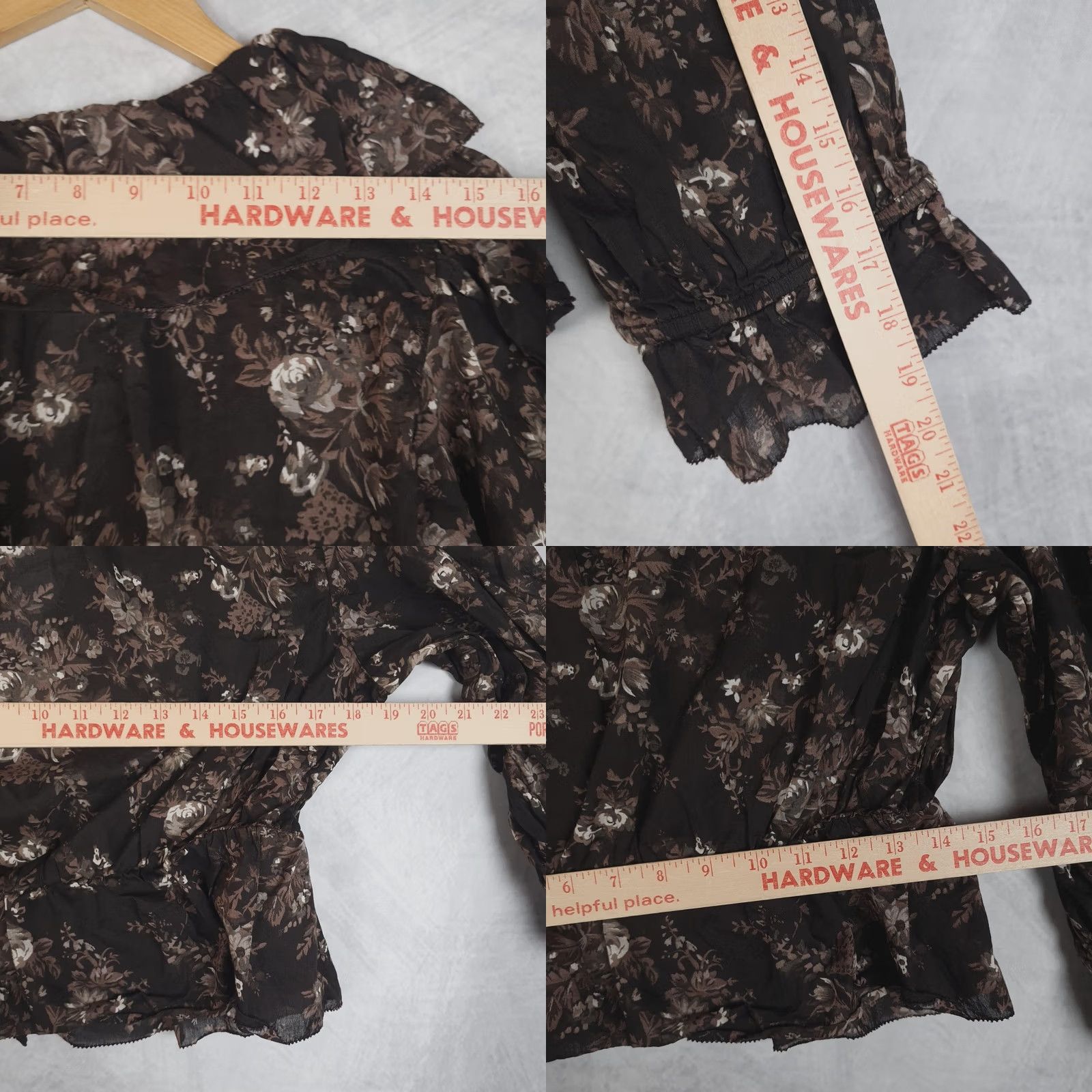 Gap Gap Blouse Womens Medium Brown Floral Ruffle Collar Peplum Sheer V-Neck Button Front Long Sleeve Casual Fall Womens Size M / US 6-8 / IT 42-44 - 10 Thumbnail