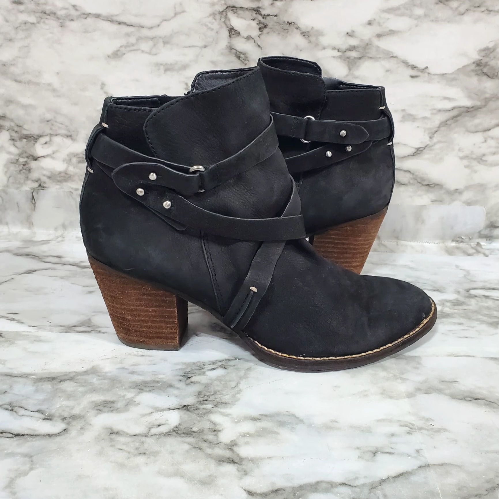 Sam Edelman Sam Edelman Bootie Women 7.5M Black Ankle Boot Merton Leather Almond Toe Strappy Shoe Womens Mid Heel Zip Block Size US 7.5 / IT 37.5 - 2 Thumbnail