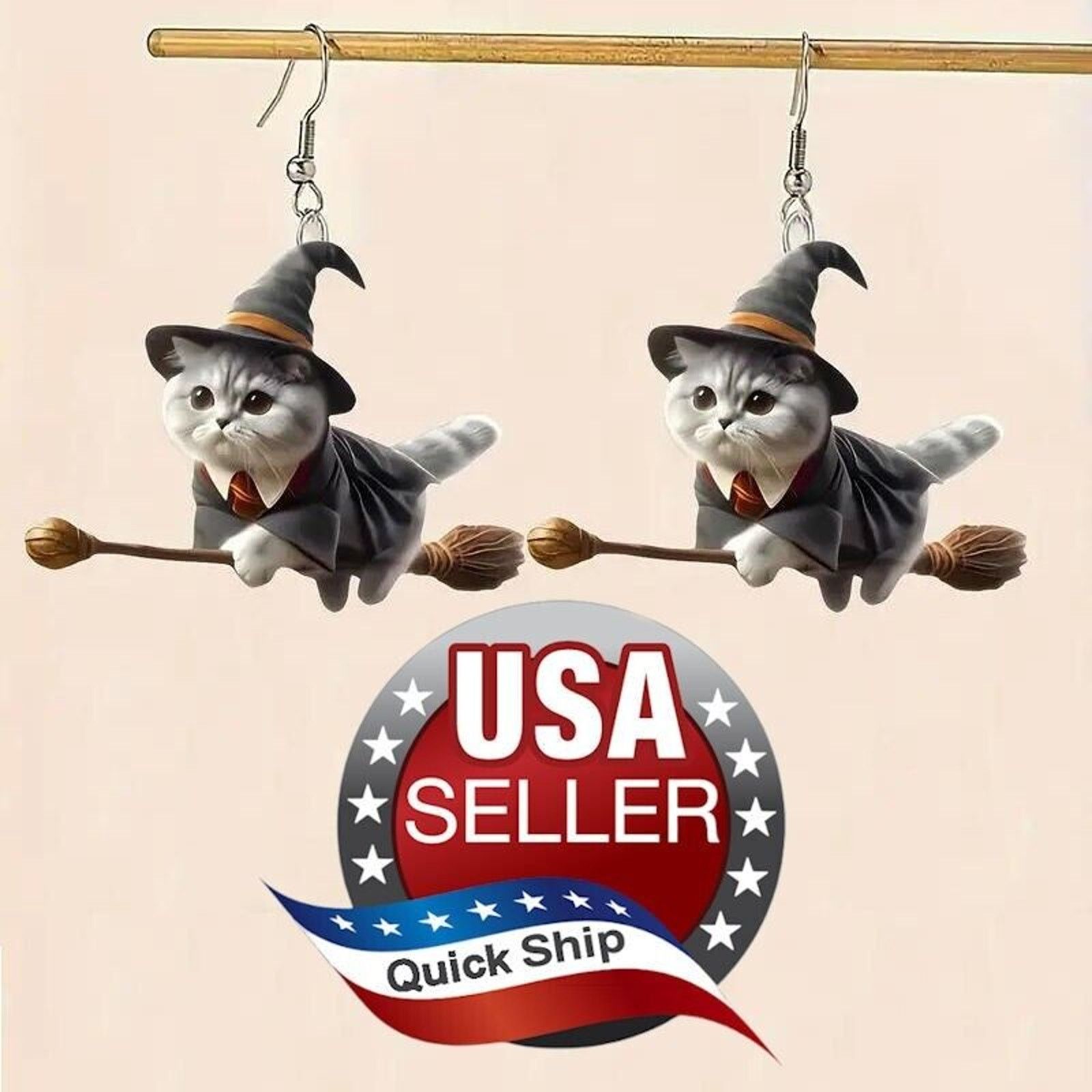 Other Halloween Witch Cat Riding a Broomstick • Acrylic Earrings Size ONE SIZE - 4 Thumbnail