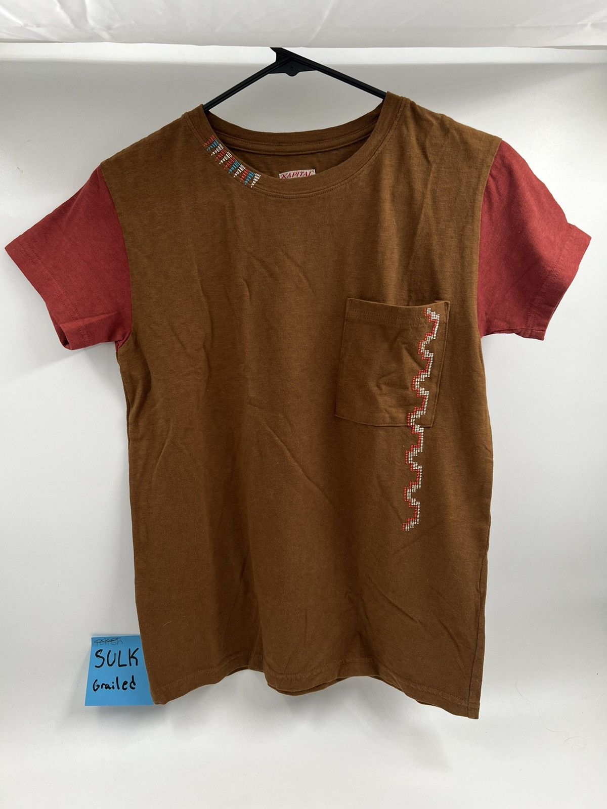 image of Kapital Navajo Motive Hand Painted Pocket Tshirt in Brown, Men's (Size Small)