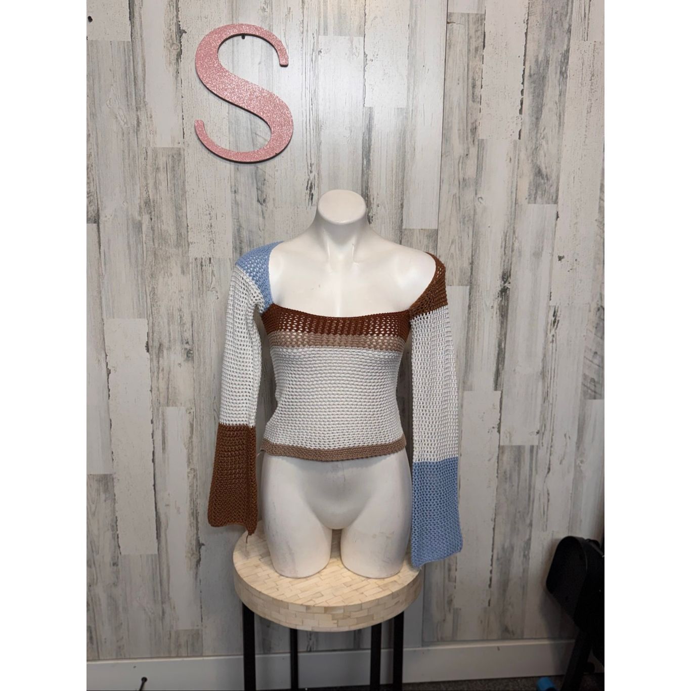 Other Colorblock Crochet Knit Top | Long Bell Sleeve Off Shoulder Size S / US 4 / IT 40 - 1 Thumbnail