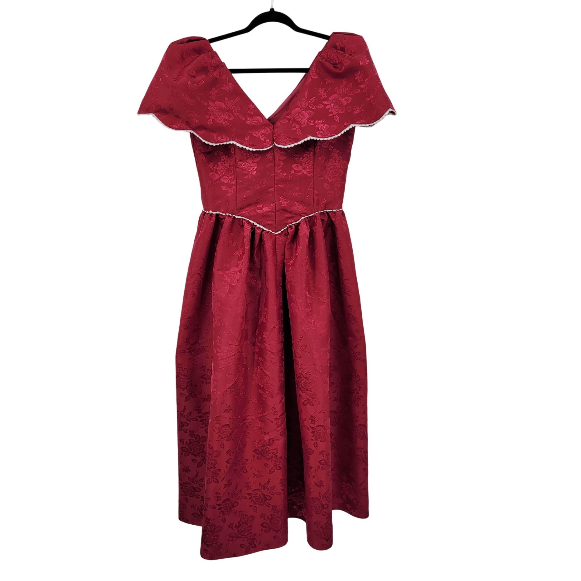 Handmade Vtg 80s Handmade Red Floral Jacquard Dress Sz M Fit & Flare Size M / US 6-8 / IT 42-44 - 2 Thumbnail