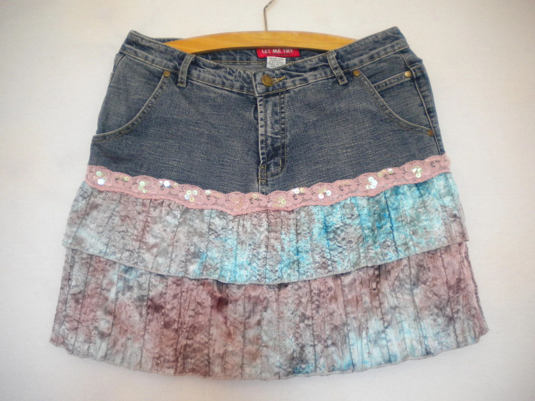 Other Vintage denim hippie jean mini skirt Y2K ruffle lace sequins Size 27" / US 4 / IT 40 - 2 Thumbnail