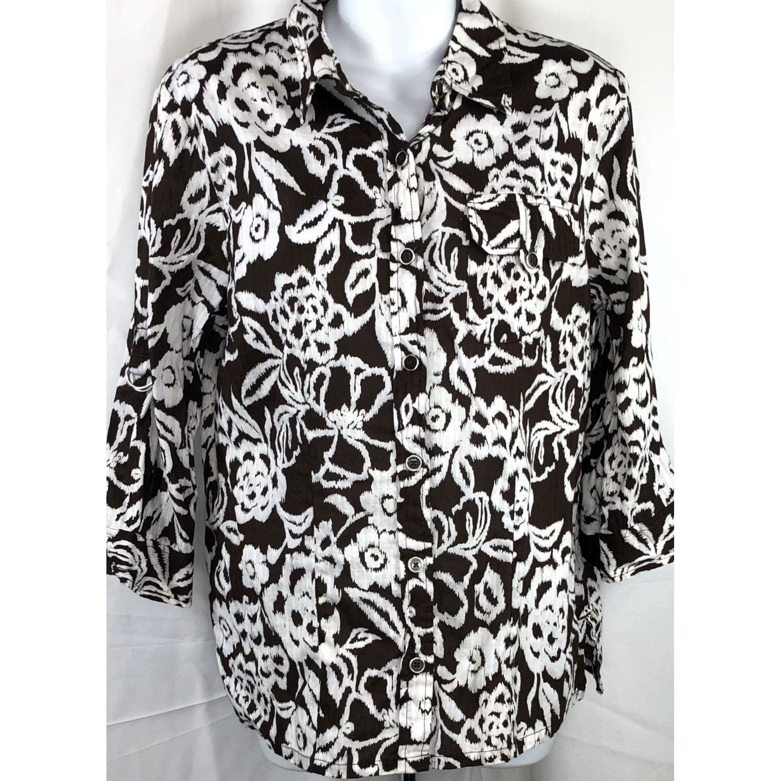 Vintage Karen Scott ButtonUp Top L Brown Floral 3/4 Roll Tab Sleeve Capsule Tropical Size L / US 10 / IT 46 - 5 Thumbnail