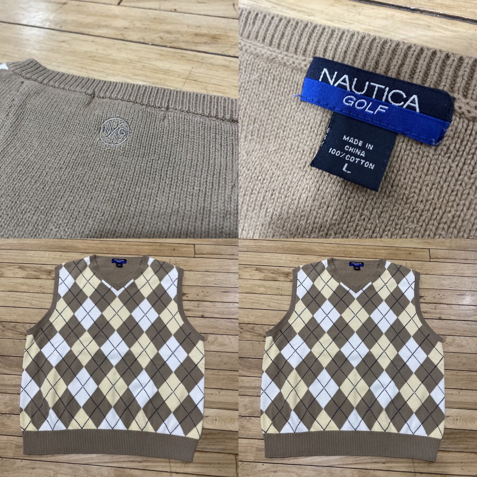 Nautica VINTAGE Nautica Men L Golf Sweater Vest Tan Brown White Argyle Diamond 90s Size US L / EU 52-54 / 3 - 9 Thumbnail