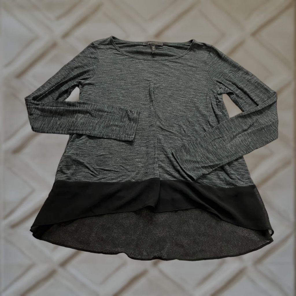 BCBGMAXAZRIA Tunic Shirt Womens Medium Dark Gray Long Sleeve Black Skirt Hem