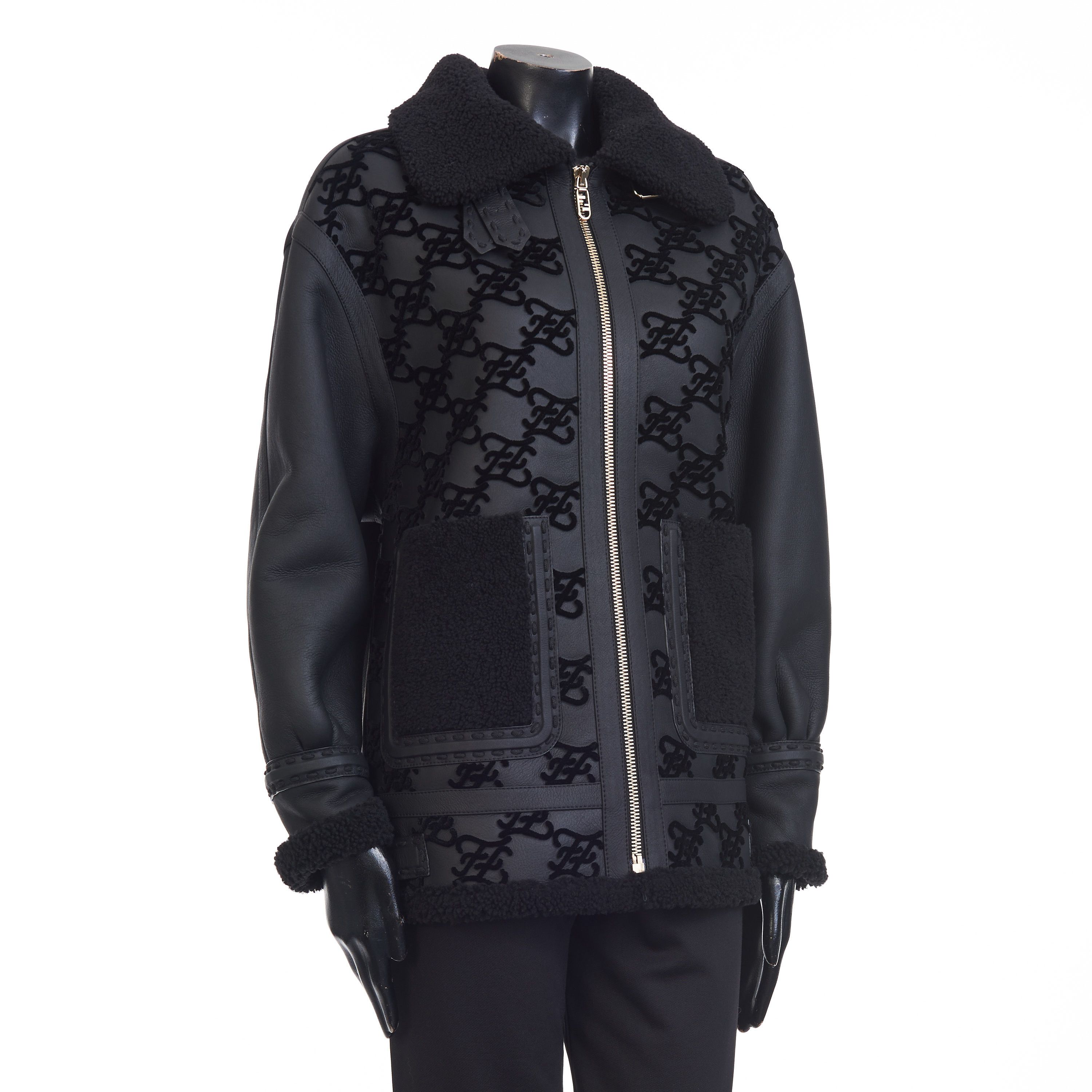 Fendi Black Shearling Jacket - Aviator Style, FF Karligraphy Motif Size M / US 6-8 / IT 42-44 - 9 Thumbnail
