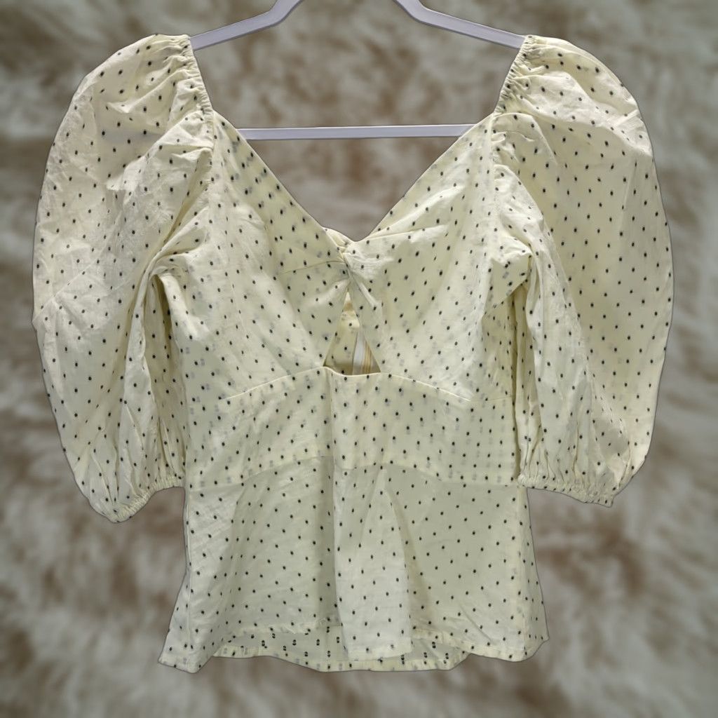 Vintage Never A Wallflower Womens Blouse 3/4 Puff Sleeve Polka Dot Top XS Ivory Cotton Zip Back Size XS / US 0-2 / IT 36-38 - 1 Thumbnail