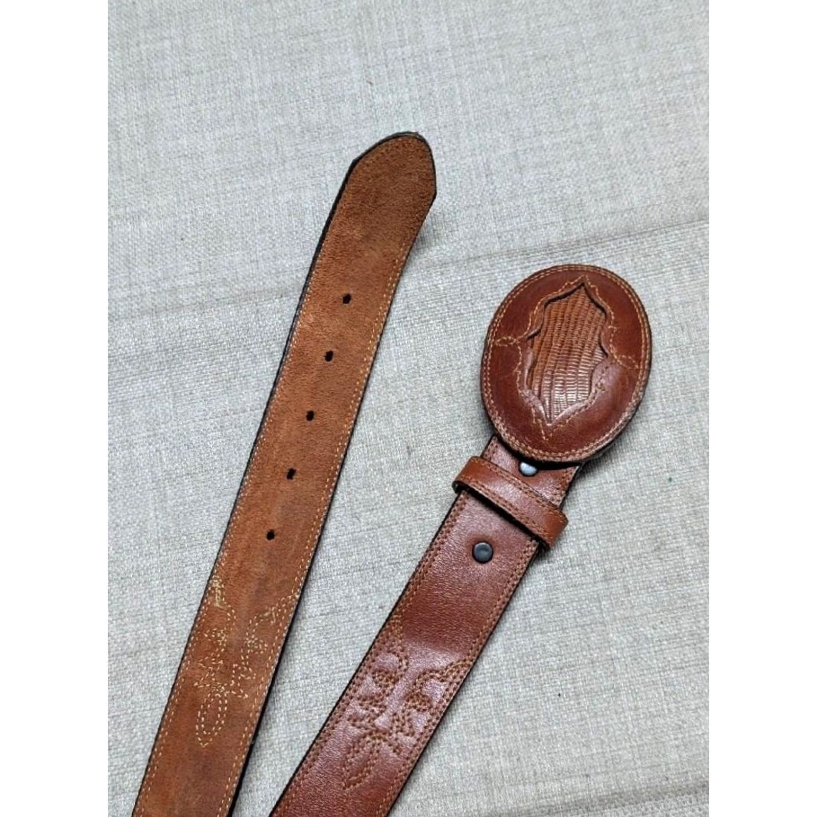 Vintage VINTAGE WESTERN belt LIZARD buckle USA made brown 38 leather COWBOY belt Men Buckle inlay Stitched 1-1/2" width Size 38 - 4 Thumbnail