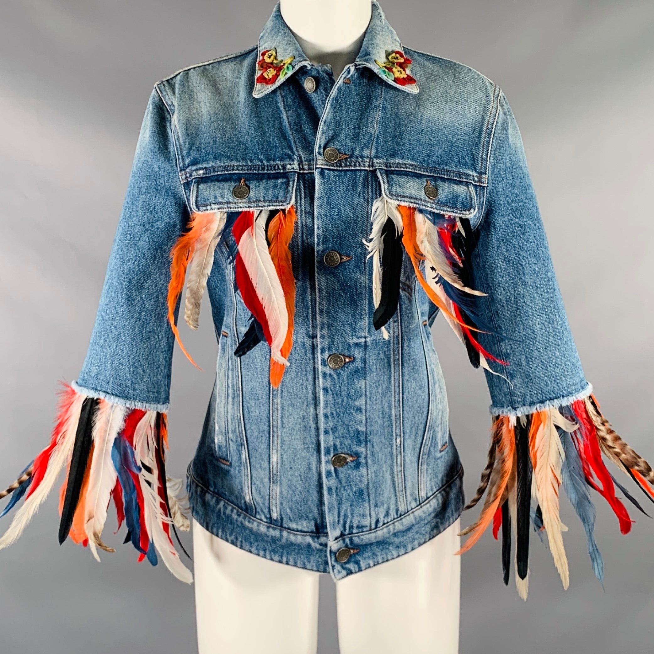 XS Blue Multi-Color Cotton Feathers Denim Jacket