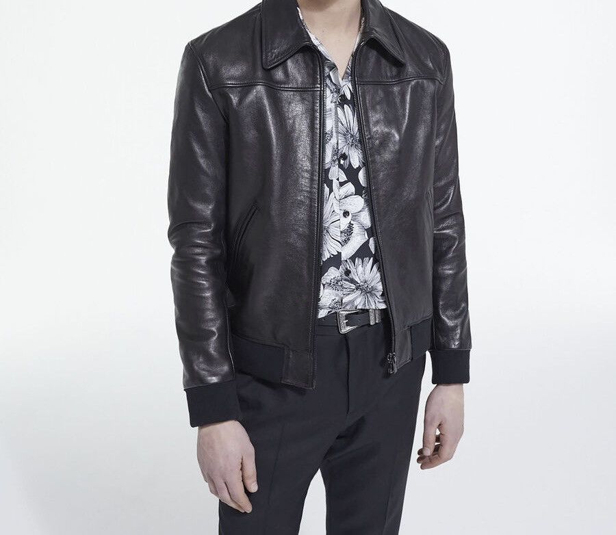 Image of The Kooples Black Leather Bomber Jacket, Men's (Size Small)