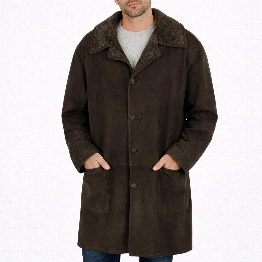 Other Men's Genuine Suede Shearling Long Coat Jacket Brown 3X Size US XXL / EU 58 / 5 - 1 Thumbnail