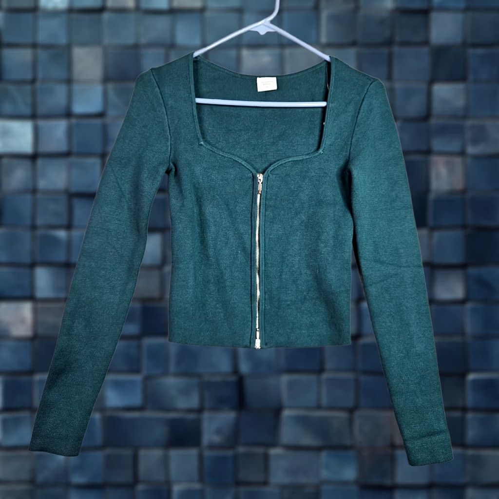 Abercrombie & Fitch Abercrombie & Fitch Women's XS Teal Knit Cardigan NWT Ribbed Zip Front Square Neck Long Sleeve Size XS / US 0-2 / IT 36-38 - 1 Thumbnail