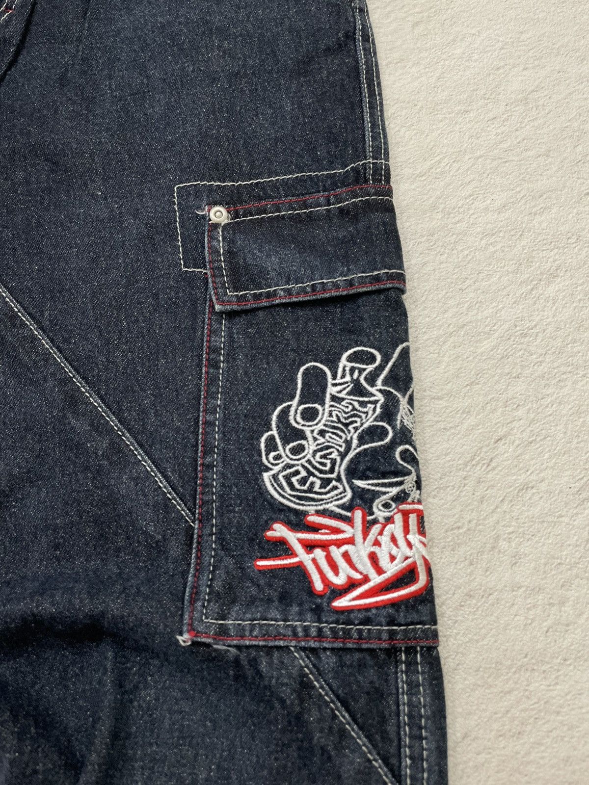 Japanese Brand 00s Funky Raw Denim Japanese Street Embroudered Cargo Jeans Size US 28 / EU 44 - 3 Thumbnail